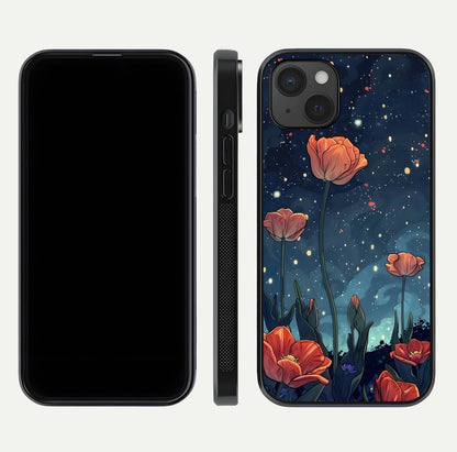 Midnight Tulip Glow Glass Case for iPhone 15 Plus front & back layout highlighting floral glow and curved edges