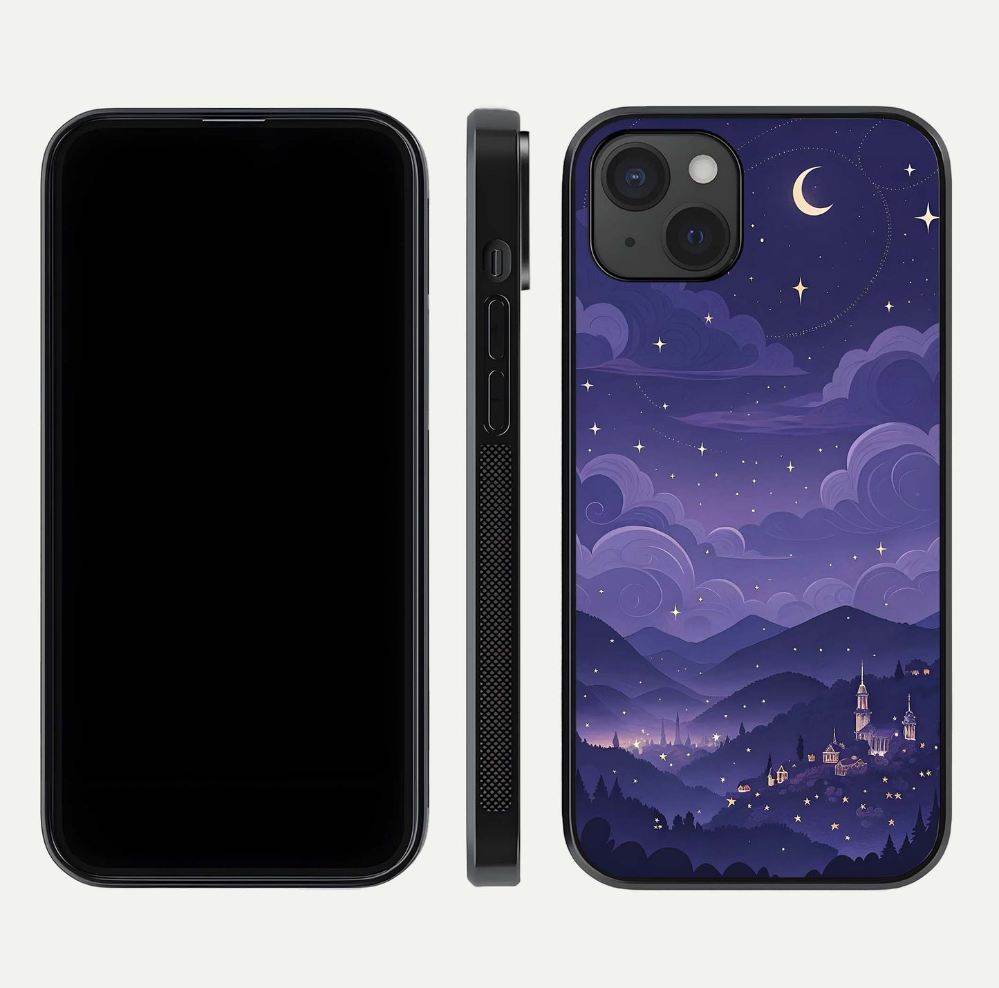 Minimal Night View Glass Case for iPhone 15 Plus front & back layout highlighting minimal night vibe and curves