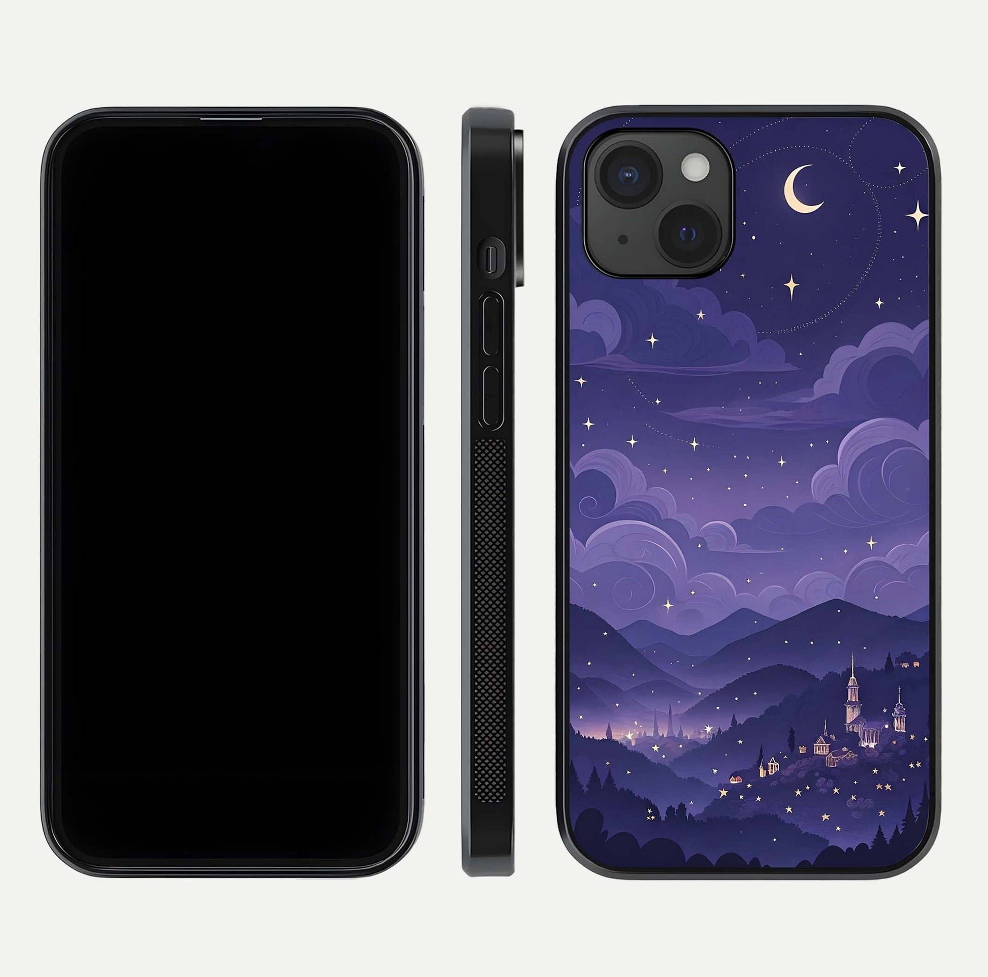 Minimal Night View Glass Case for iPhone 15 Plus front & back layout highlighting minimal night vibe and curves