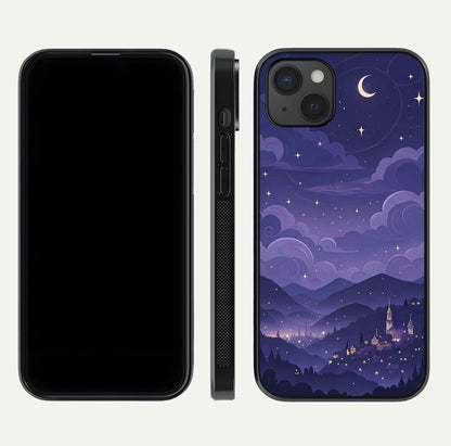 Minimal Night View Glass Case for iPhone 15 Plus front & back layout highlighting minimal night vibe and curves