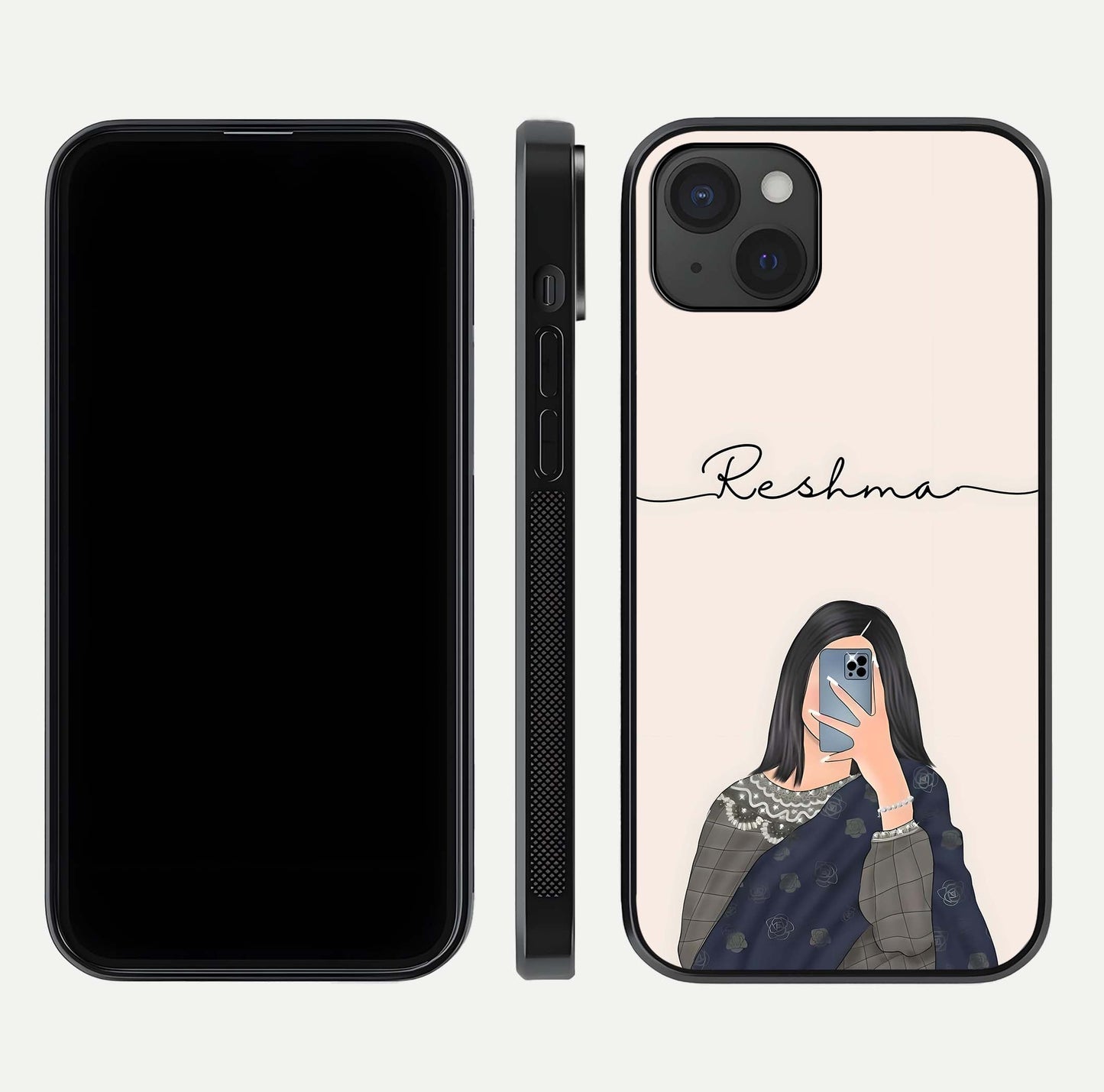 Mirror Mood Muse Custom Name Glass Case for iPhone 15 Plus front & back layout showing personalized name placement
