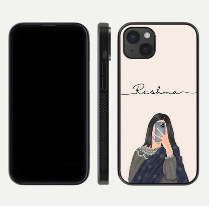 Mirror Mood Muse Custom Name Glass Case for iPhone 15 Plus front & back layout showing personalized name placement