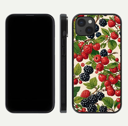 Mixed Berry Collage Glass Case for iPhone 15 Plus front & back layout highlighting colorful art and curved edges