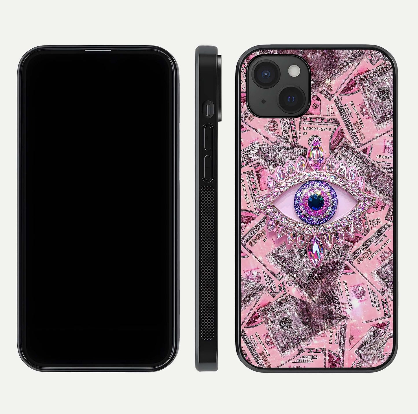 Money Eye Luxe Glass Case for iPhone 15 Plus front & back layout highlighting luxury edge design and bold art