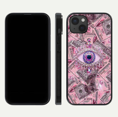 Money Eye Luxe Glass Case for iPhone 15 Plus front & back layout highlighting luxury edge design and bold art