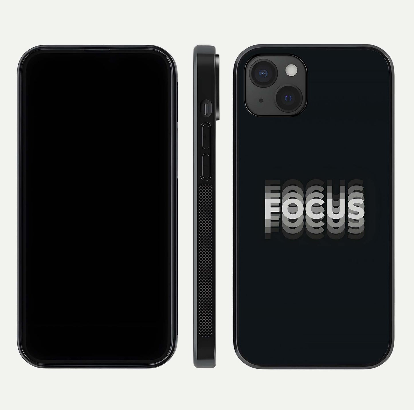 Mono Focus Vision Glass Case for iPhone 15 Plus front & back layout showing clean focus lines and curved edges