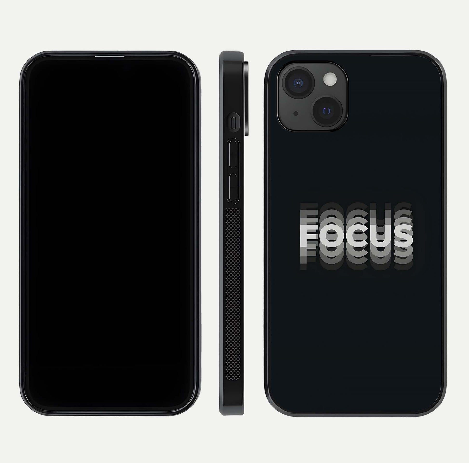 Mono Focus Vision Glass Case for iPhone 15 Plus front & back layout showing clean focus lines and curved edges