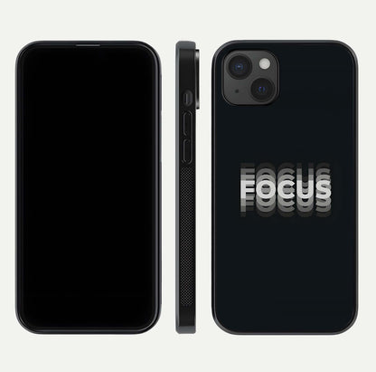 Mono Focus Vision Glass Case for iPhone 15 Plus front & back layout showing clean focus lines and curved edges