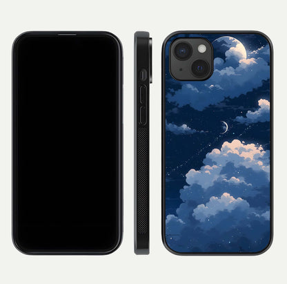 Moon Dream Haze Glass Case for iPhone 15 Plus front & back layout highlighting dreamy design and curved shape