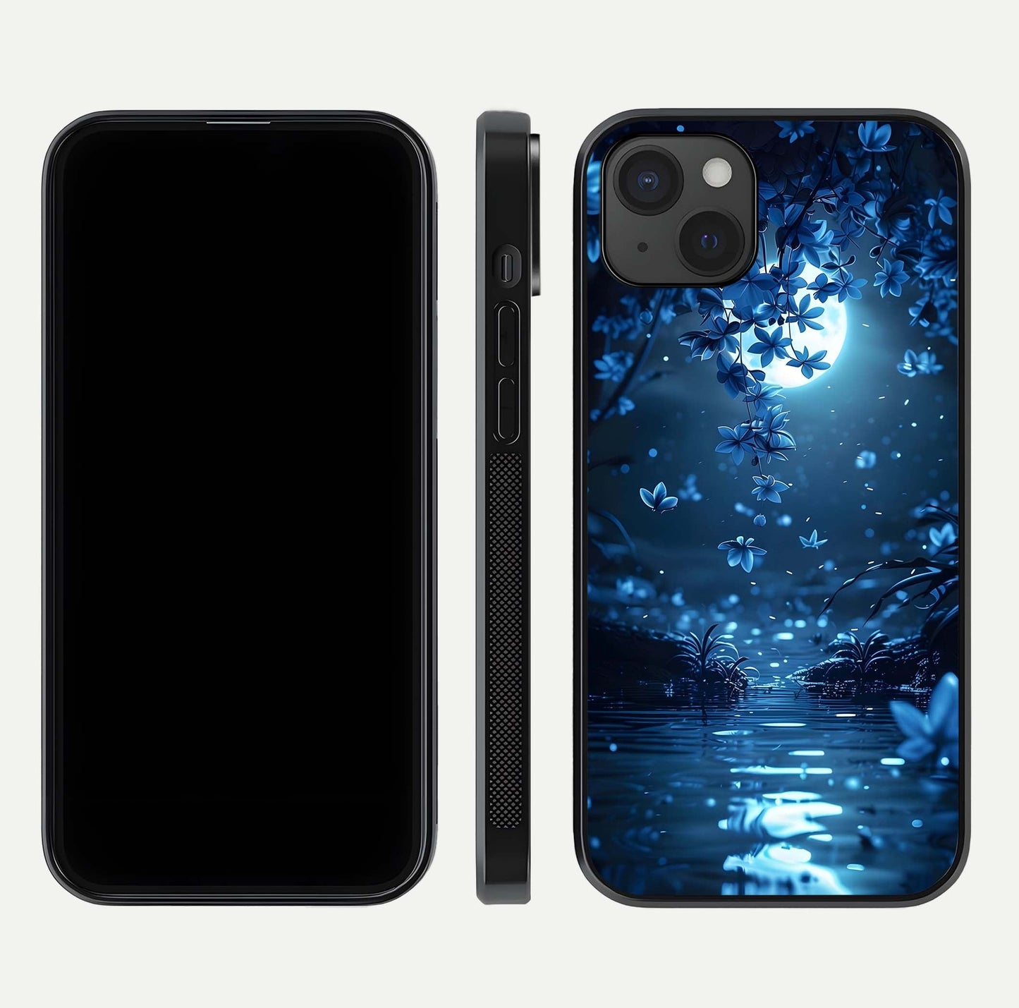 Moonlight Petal Dream Glass Case for iPhone 15 Plus front & back layout highlighting soft pastel tones