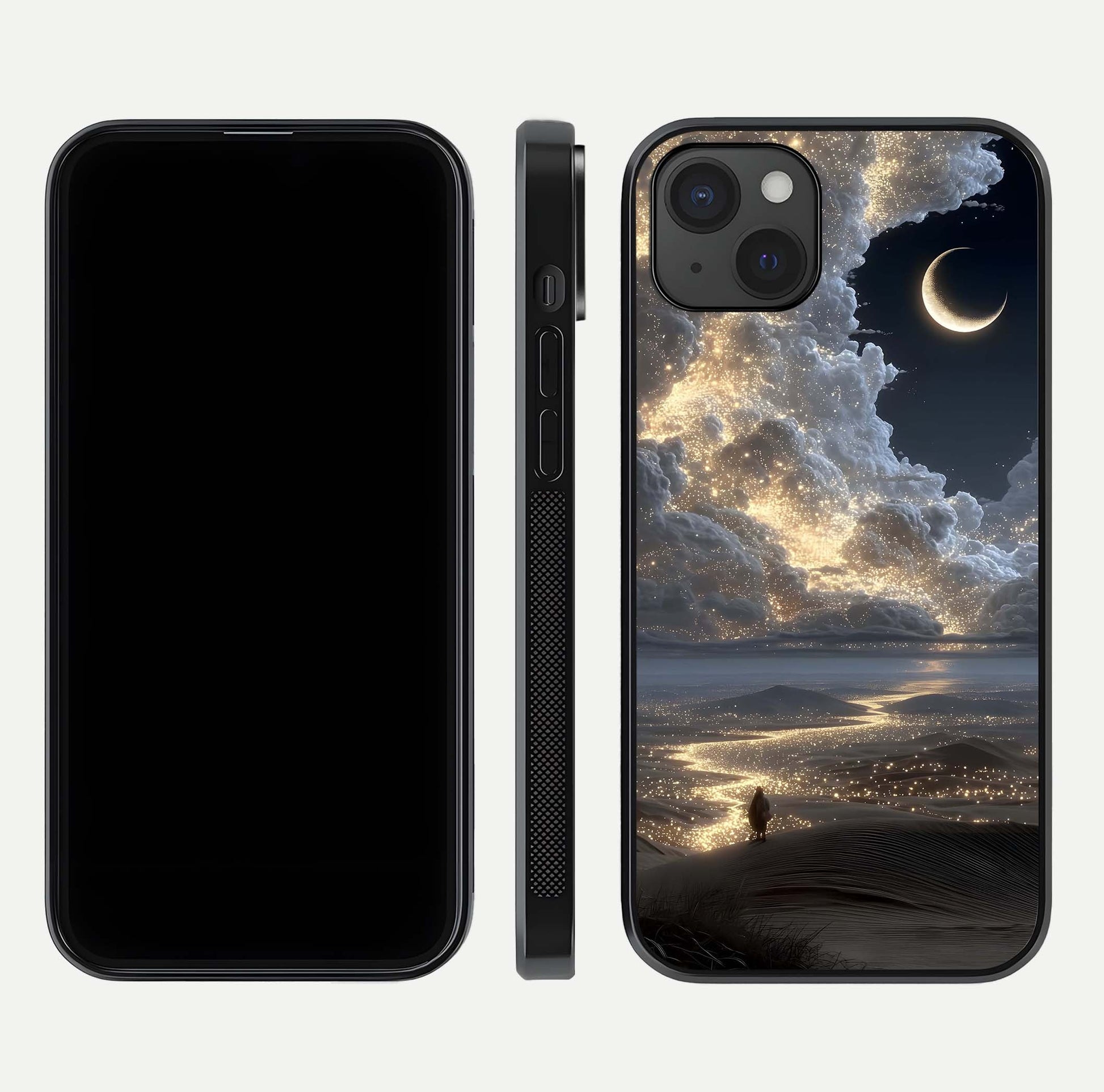 Moonlight Spark Path Glass Case for iPhone 15 Plus front & back layout highlighting calm tones and sleek edges