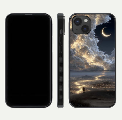 Moonlight Spark Path Glass Case for iPhone 15 Plus front & back layout highlighting calm tones and sleek edges