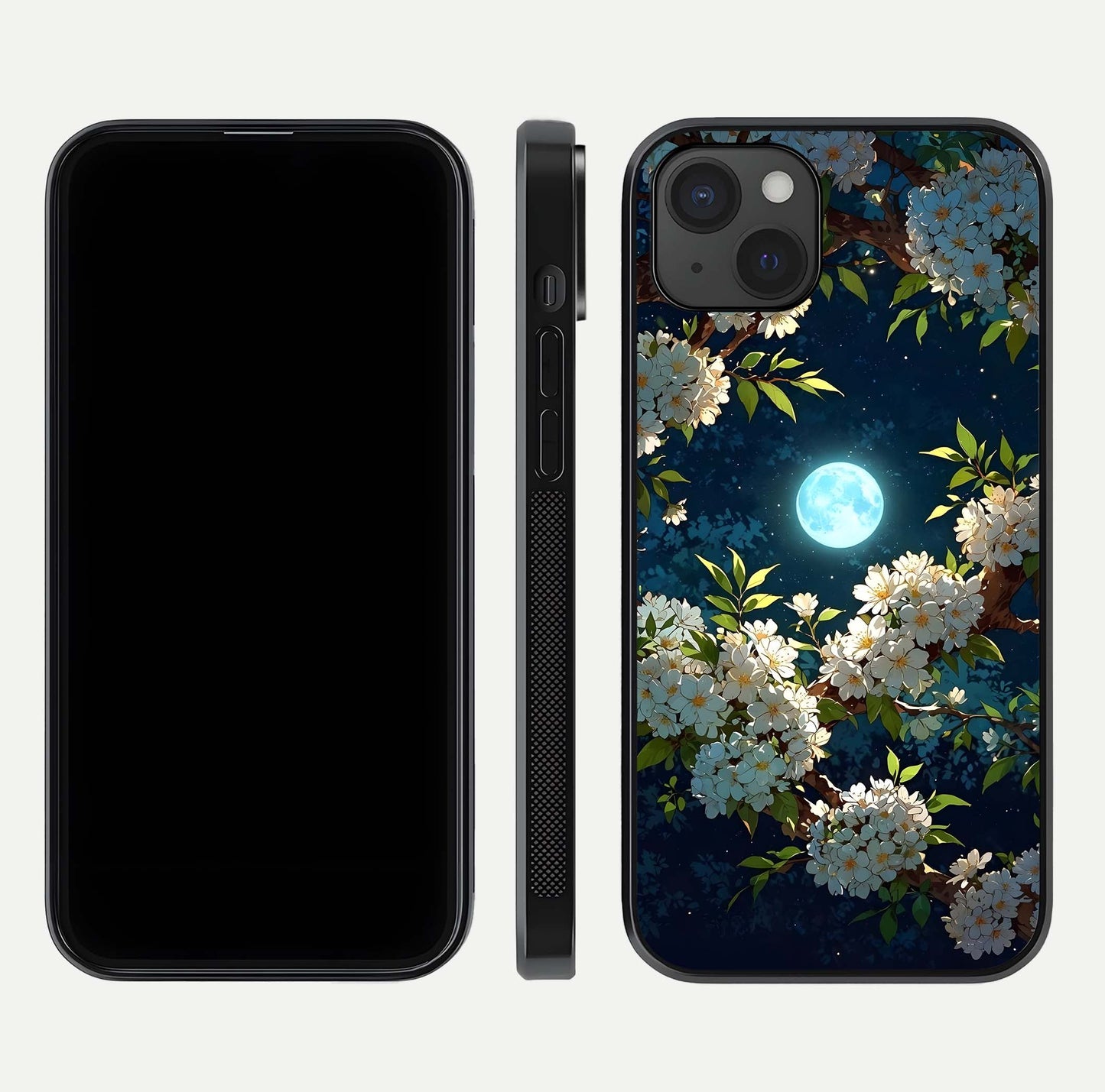Moonlit Blossom Dream Glass Case for iPhone 15 Plus front & back layout highlighting moonlit tones and edges