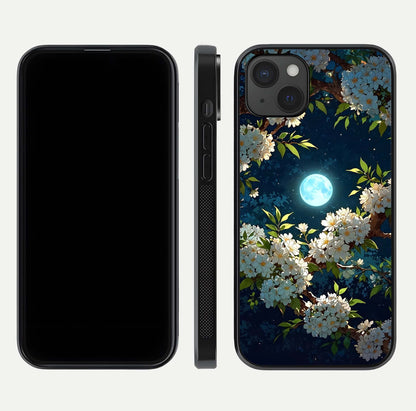 Moonlit Blossom Dream Glass Case for iPhone 15 Plus front & back layout highlighting moonlit tones and edges