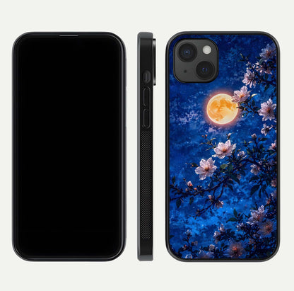 Moonlit Blossoms Night Glass Case for iPhone 15 Plus front & back layout highlighting moonlit tones and curved edges