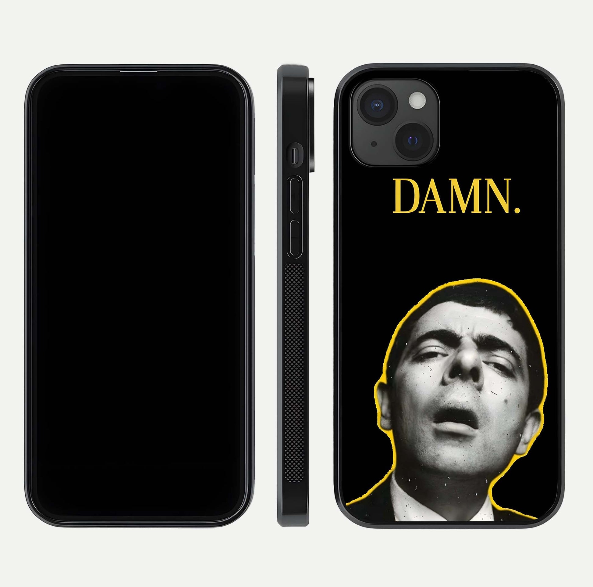 Mr Bean Damn Glass Case for iPhone 15 Plus front & back layout displaying fun artwork and curved smooth edges