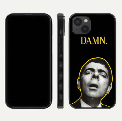 Mr Bean Damn Glass Case for iPhone 15 Plus front & back layout displaying fun artwork and curved smooth edges