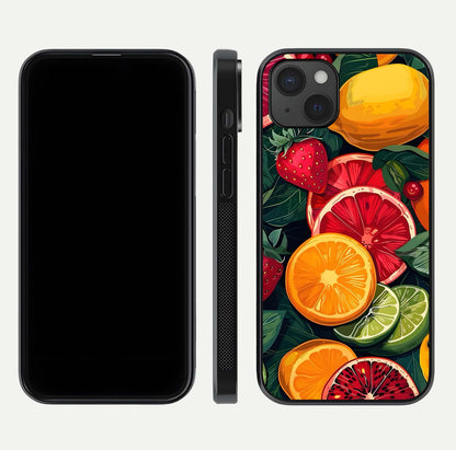Multiple Fruits Glass Case for iPhone 15 Plus front & back layout highlighting vibrant tones and curved edges