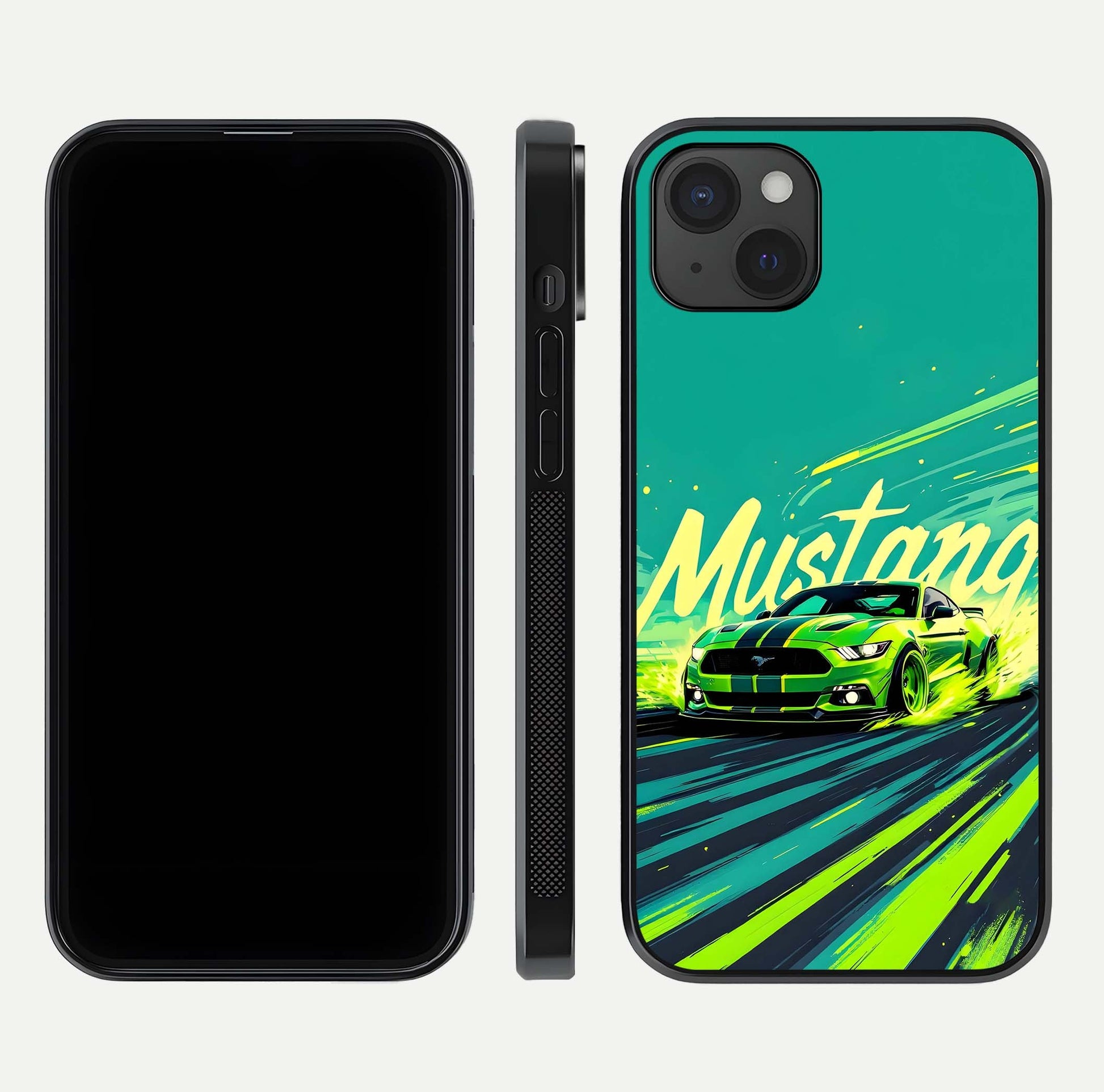 Mustang Bang Glass Case for iPhone 15 Plus front & back layout highlighting dark automotive tones and edge detail
