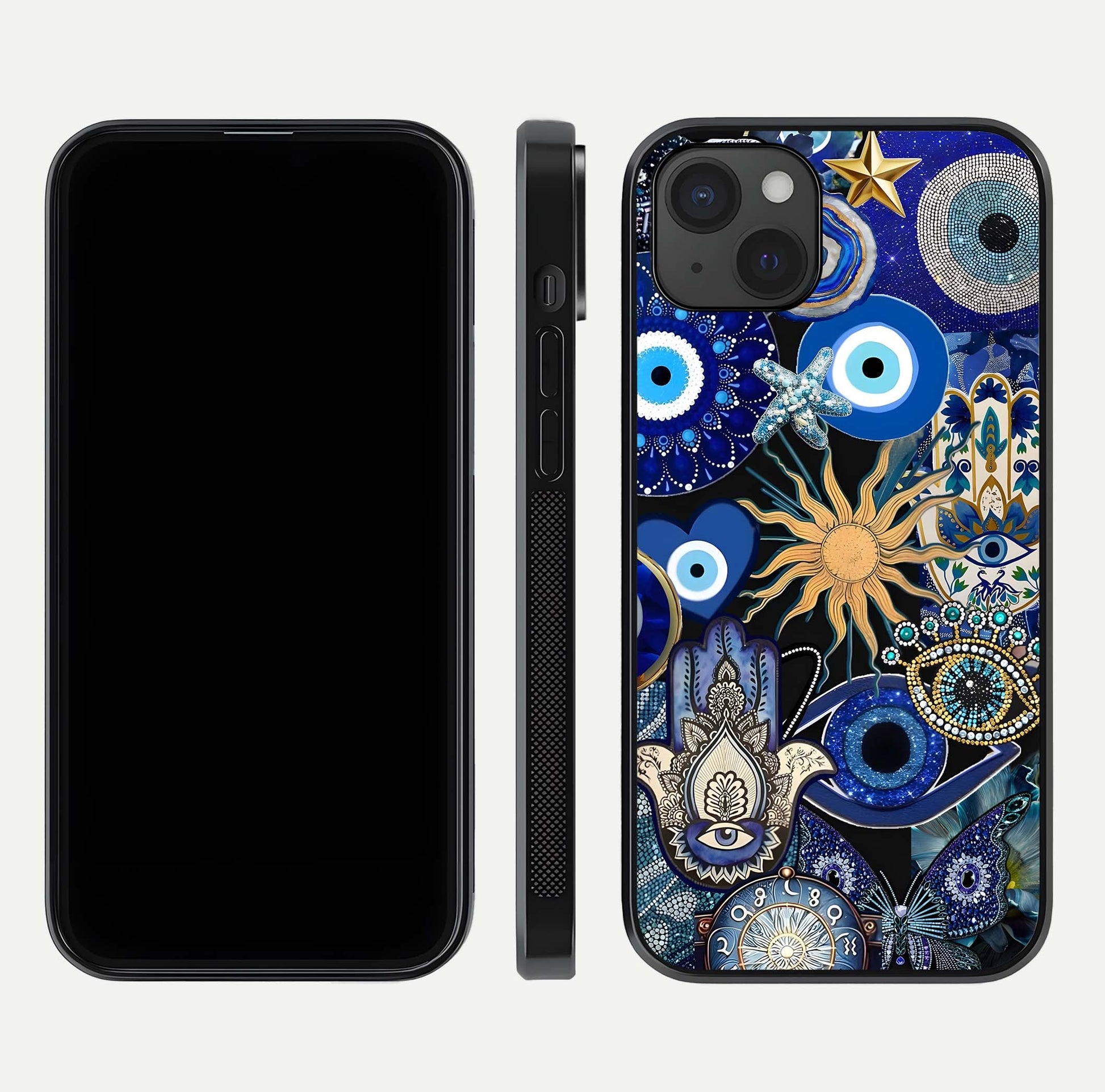 Mystic Blue Evil Eye Glass Case for iPhone 15 Plus front & back layout showing elegant tones and edge finish