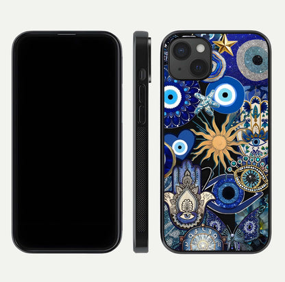 Mystic Blue Evil Eye Glass Case for iPhone 15 Plus front & back layout showing elegant tones and edge finish