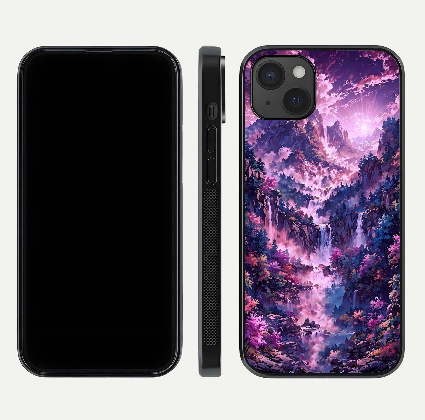 Mystic Cascade Peaks Glass Case for iPhone 15 Plus front & back layout highlighting HD landscape tones