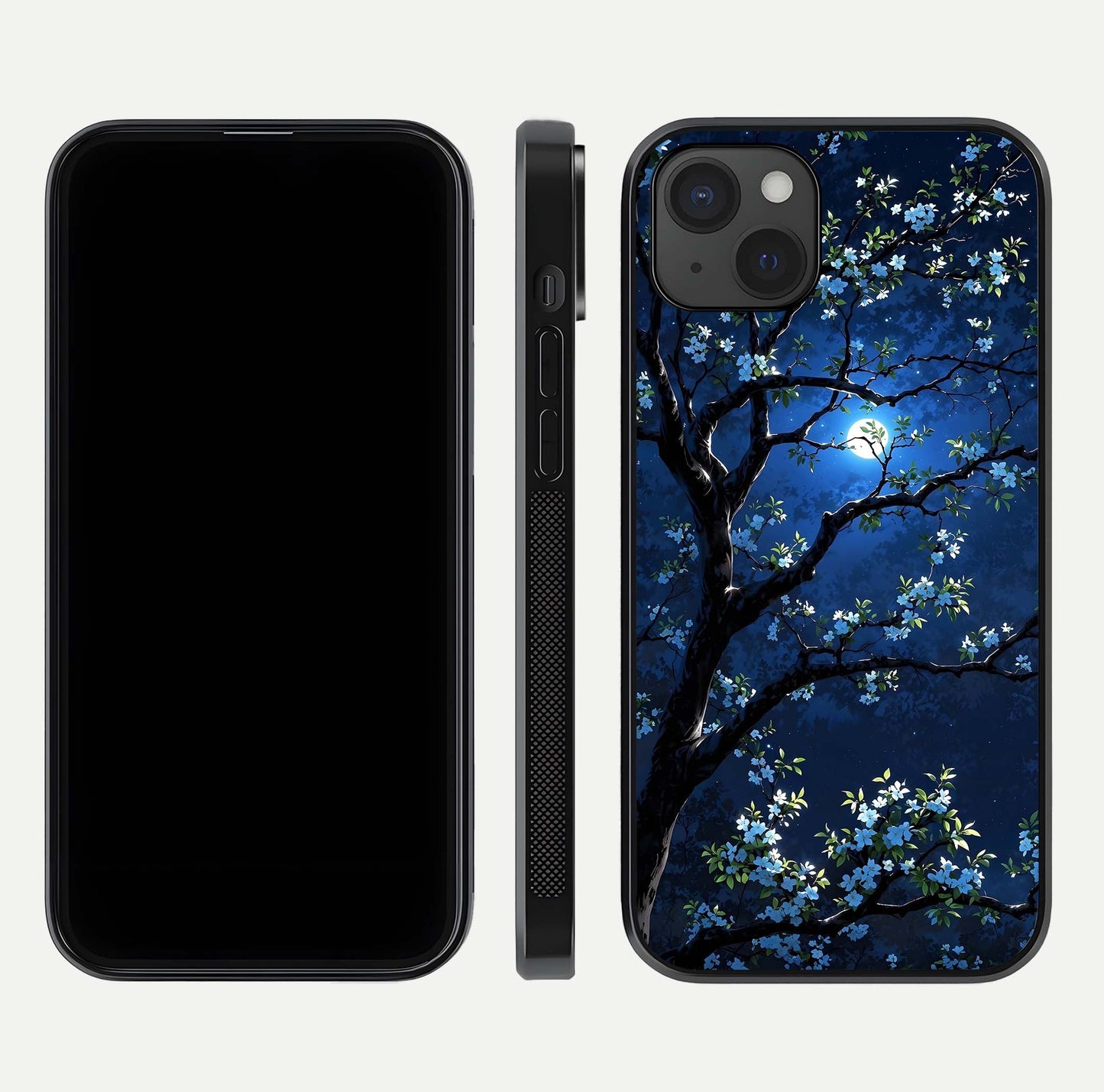 Mystic Floral Night Glass Case for iPhone 15 Plus front & back layout showing elegant floral art and smooth edges