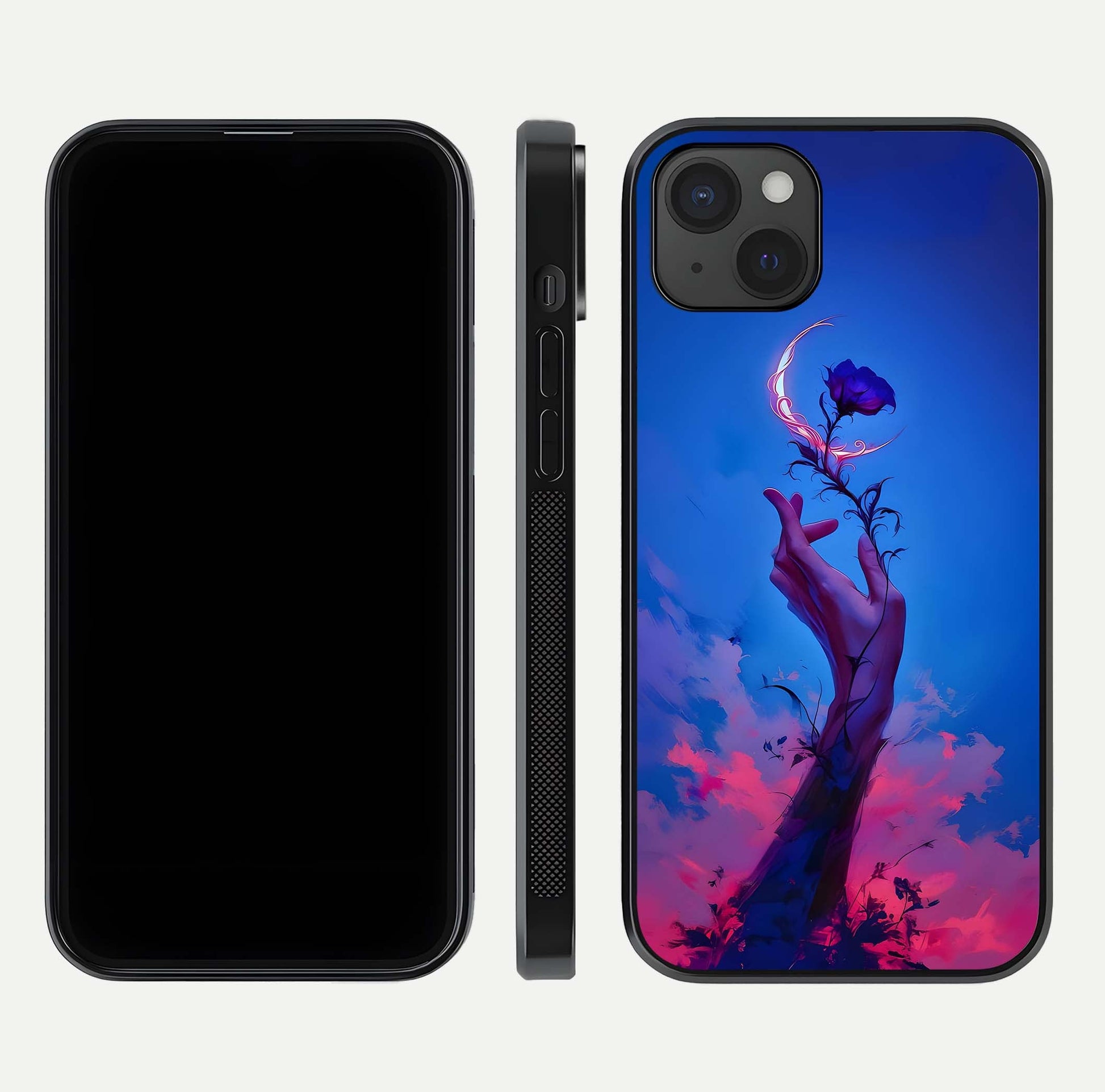 Mystic Hand Glass Case for iPhone 15 Plus front & back layout highlighting mystic design and smooth edges