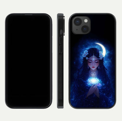 Mystic Moon Queen Glass Case for iPhone 15 Plus front & back layout highlighting divine illustration and edges
