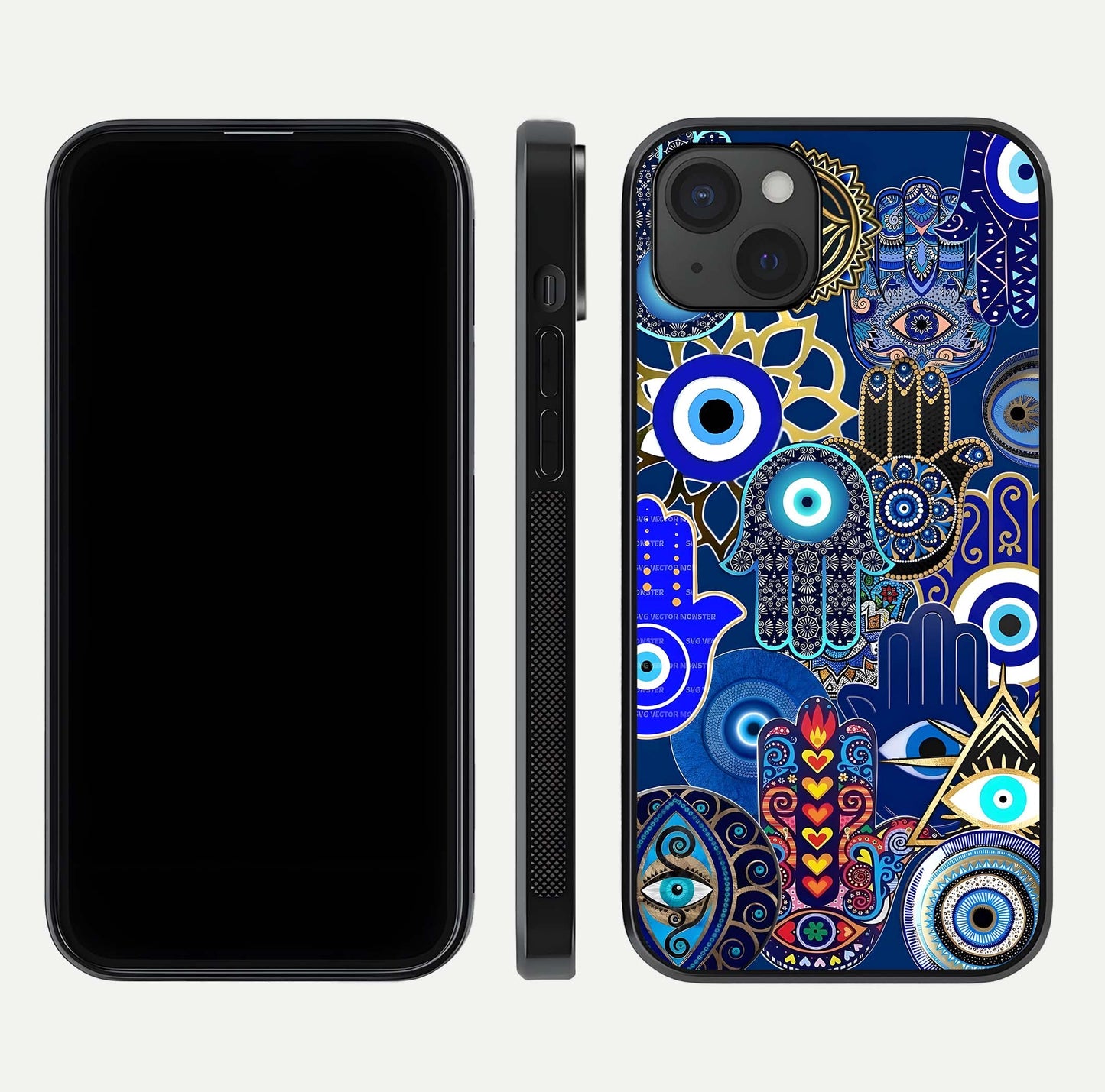 Mystic Palm Guard Glass Case for iPhone 15 Plus front & back layout highlighting spiritual art and edge finish