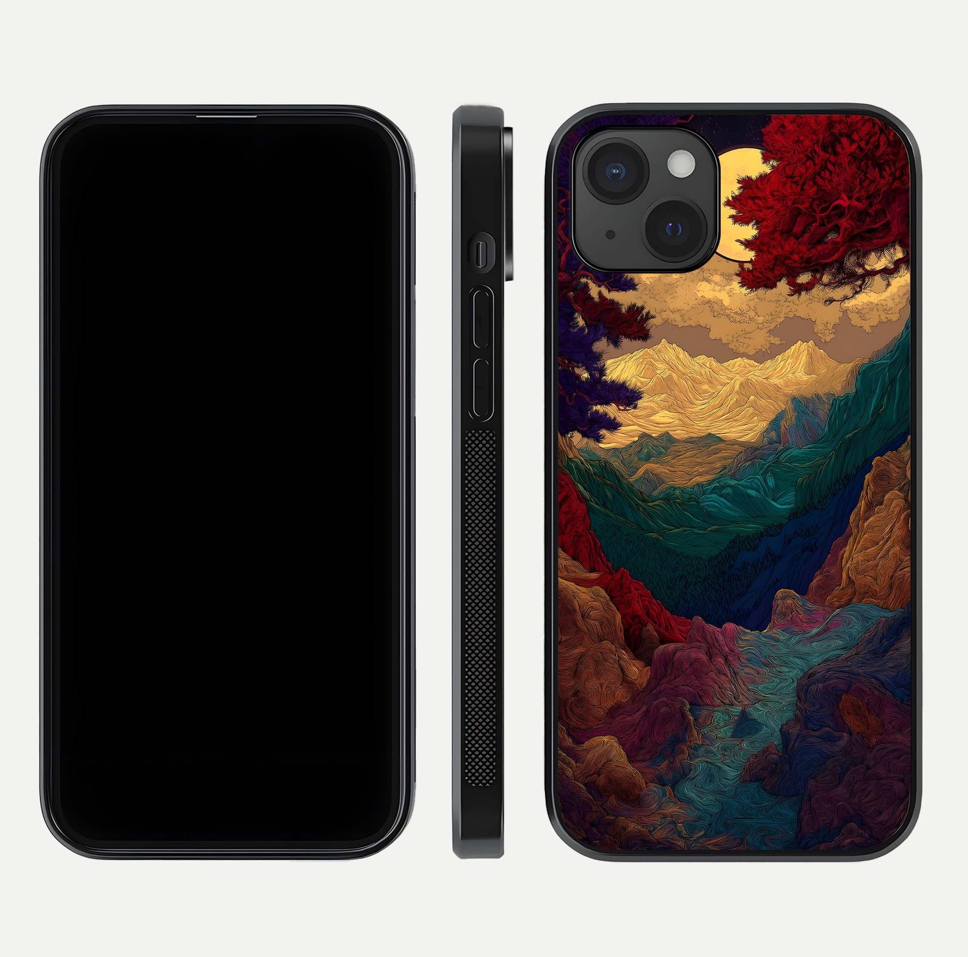 Mystic Valley Light Glass Case for iPhone 15 Plus front & back layout displaying landscape tones and edges