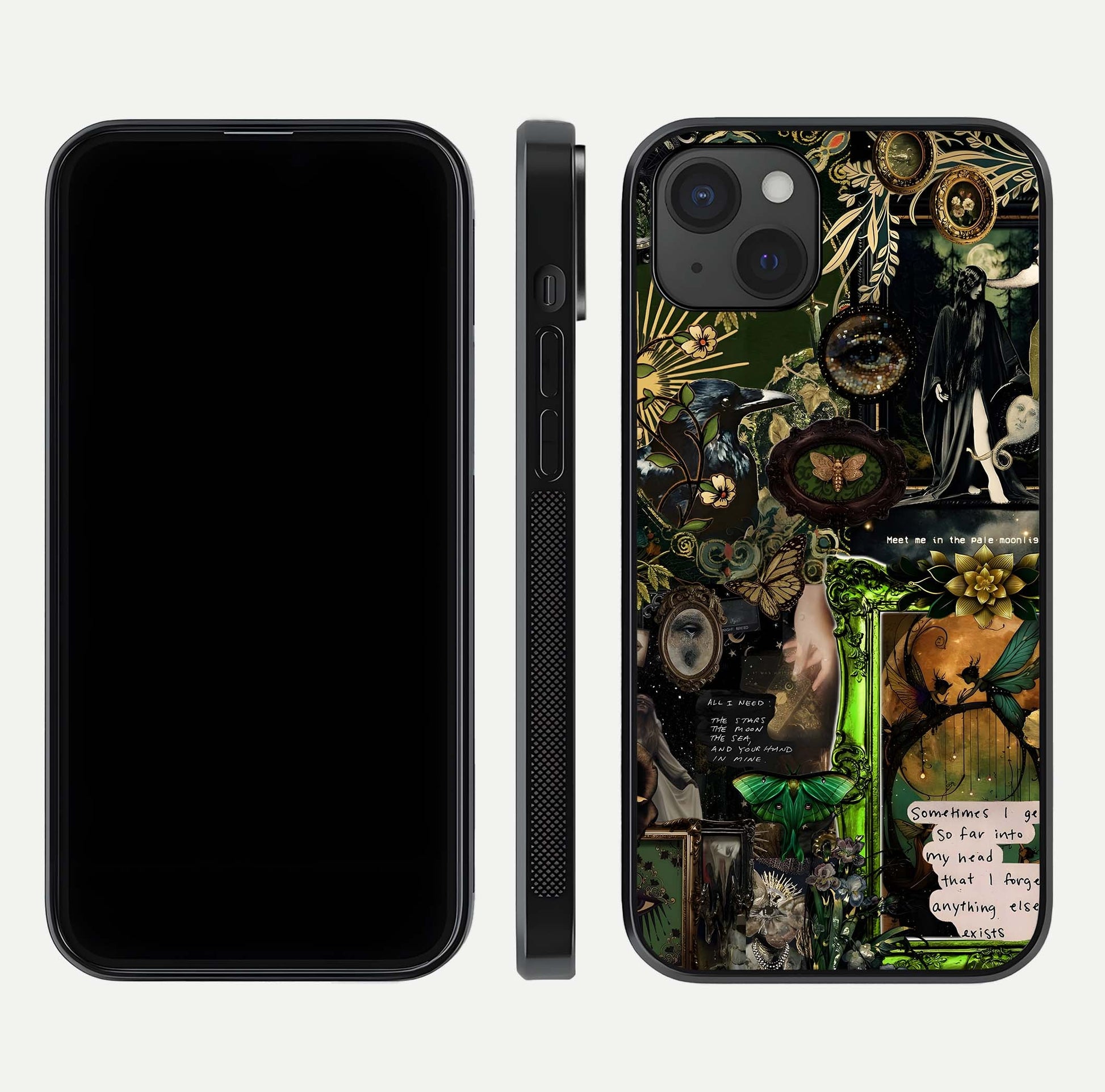 Mystic Woods Secret Glass Case for iPhone 15 Plus front & back layout showing nature theme and smooth edges