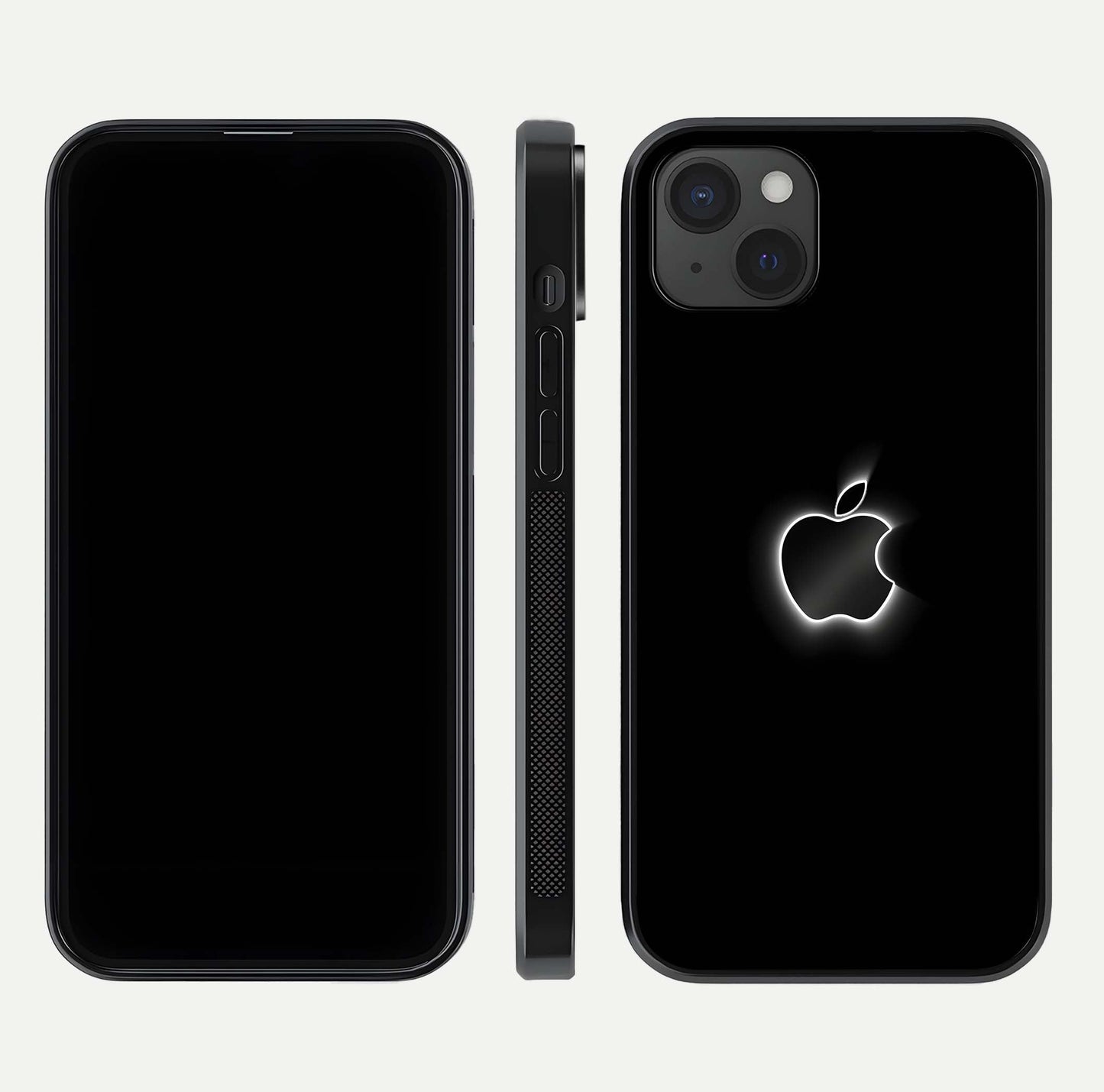 Neon Apple Glow Glass Case for iPhone 15 Plus front & back layout showing bright tones and edge curve