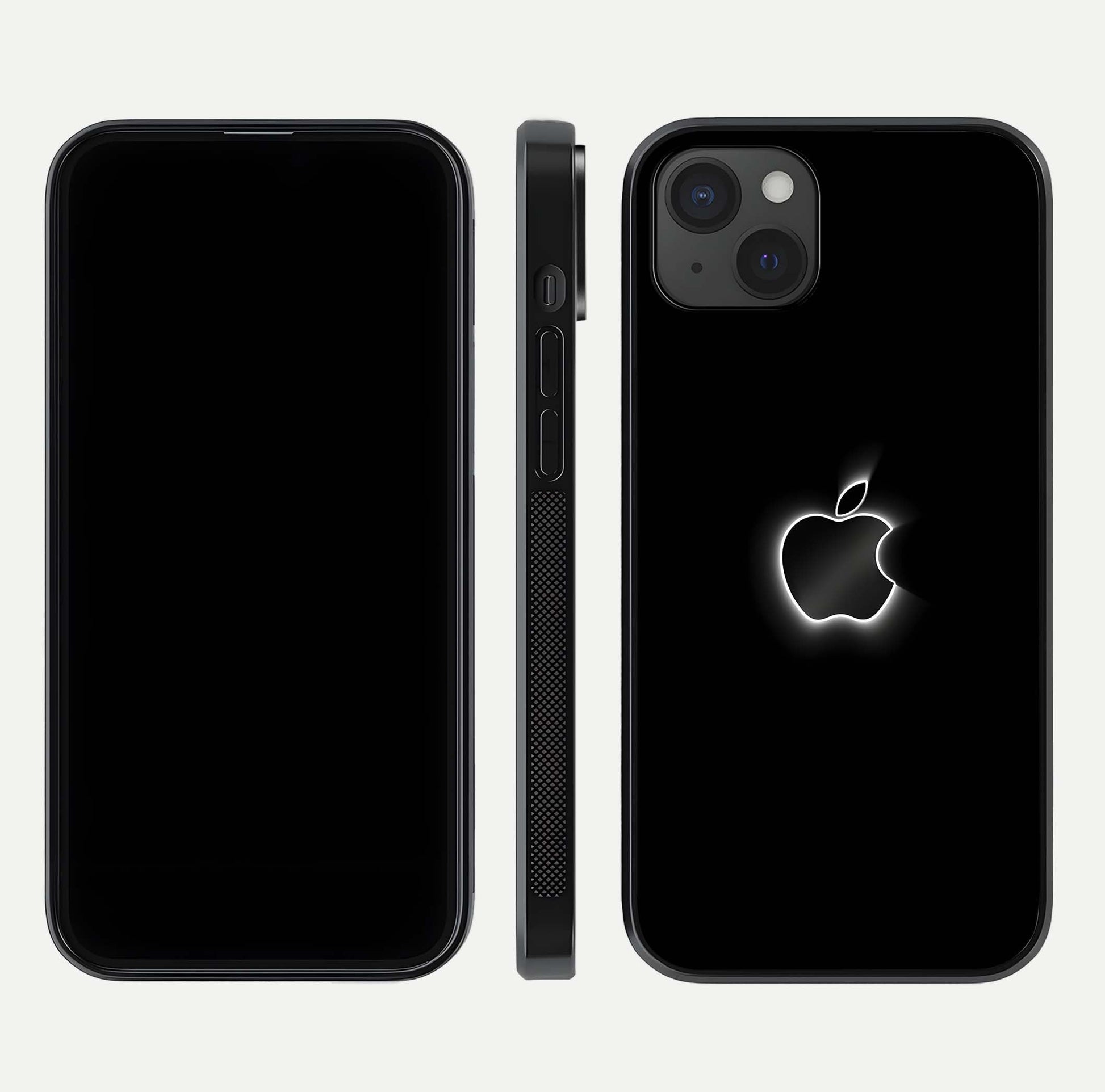 Neon Apple Glow Glass Case for iPhone 15 Plus front & back layout showing bright tones and edge curve