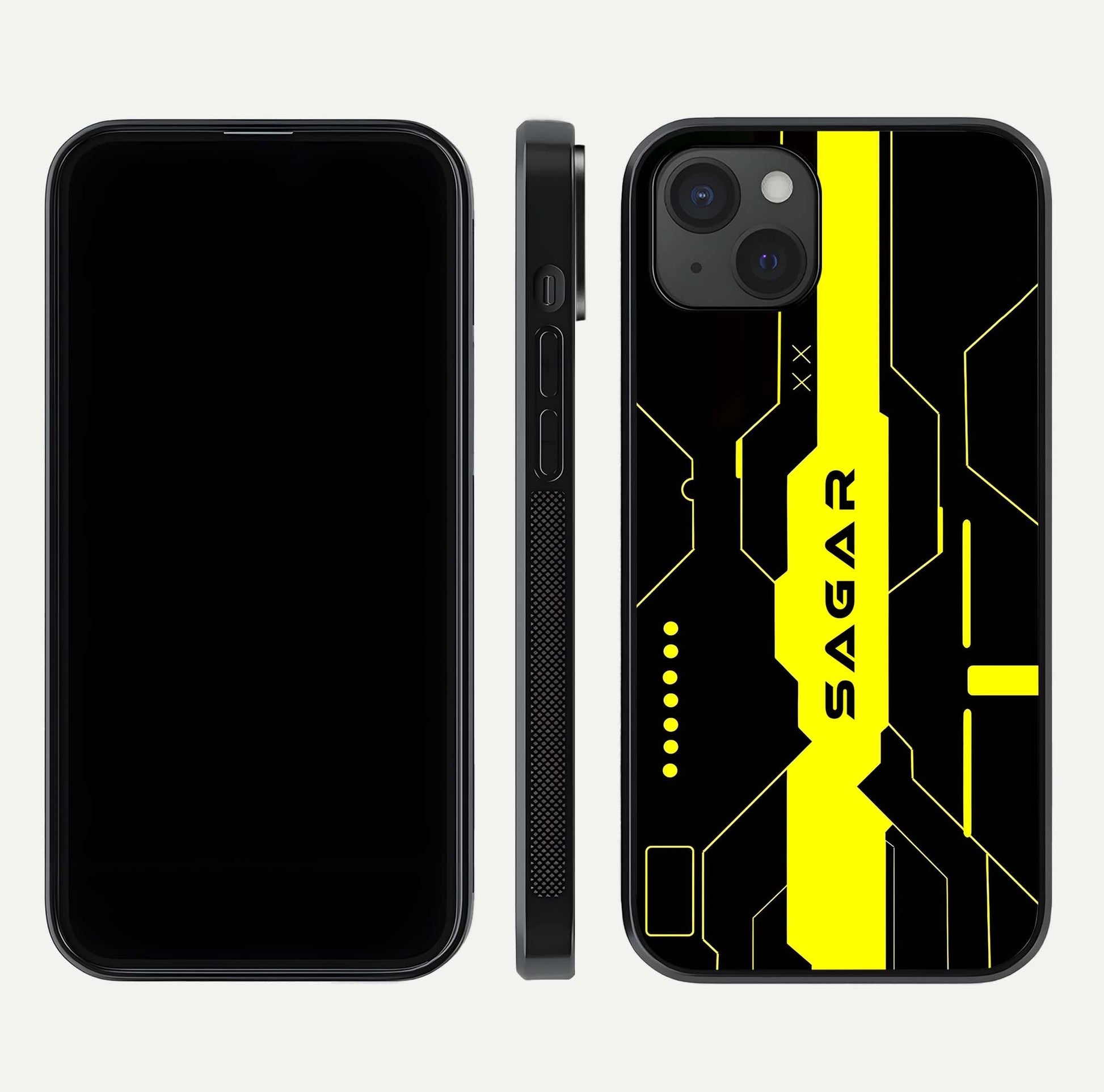 Neon CYBERPUNK Custom Name Glass Case for iPhone 15 Plus front & back layout showing tech art and custom edge