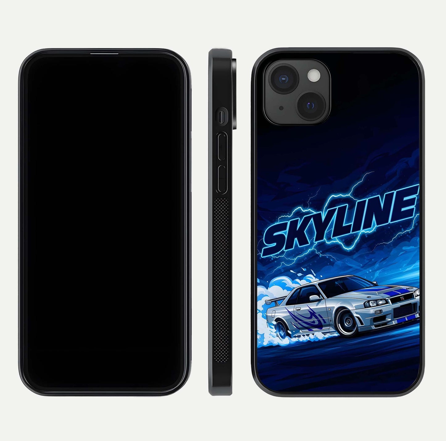 Neon Drift Beast Glass Case for iPhone 15 Plus front & back layout showing car silhouette and edge design