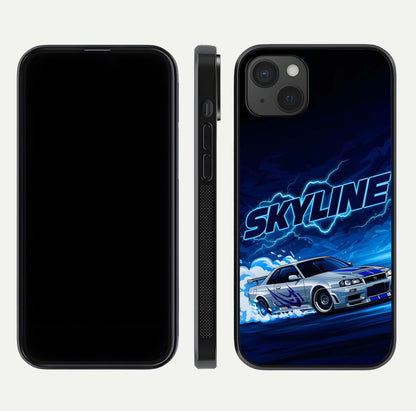 Neon Drift Beast Glass Case for iPhone 15 Plus front & back layout showing car silhouette and edge design