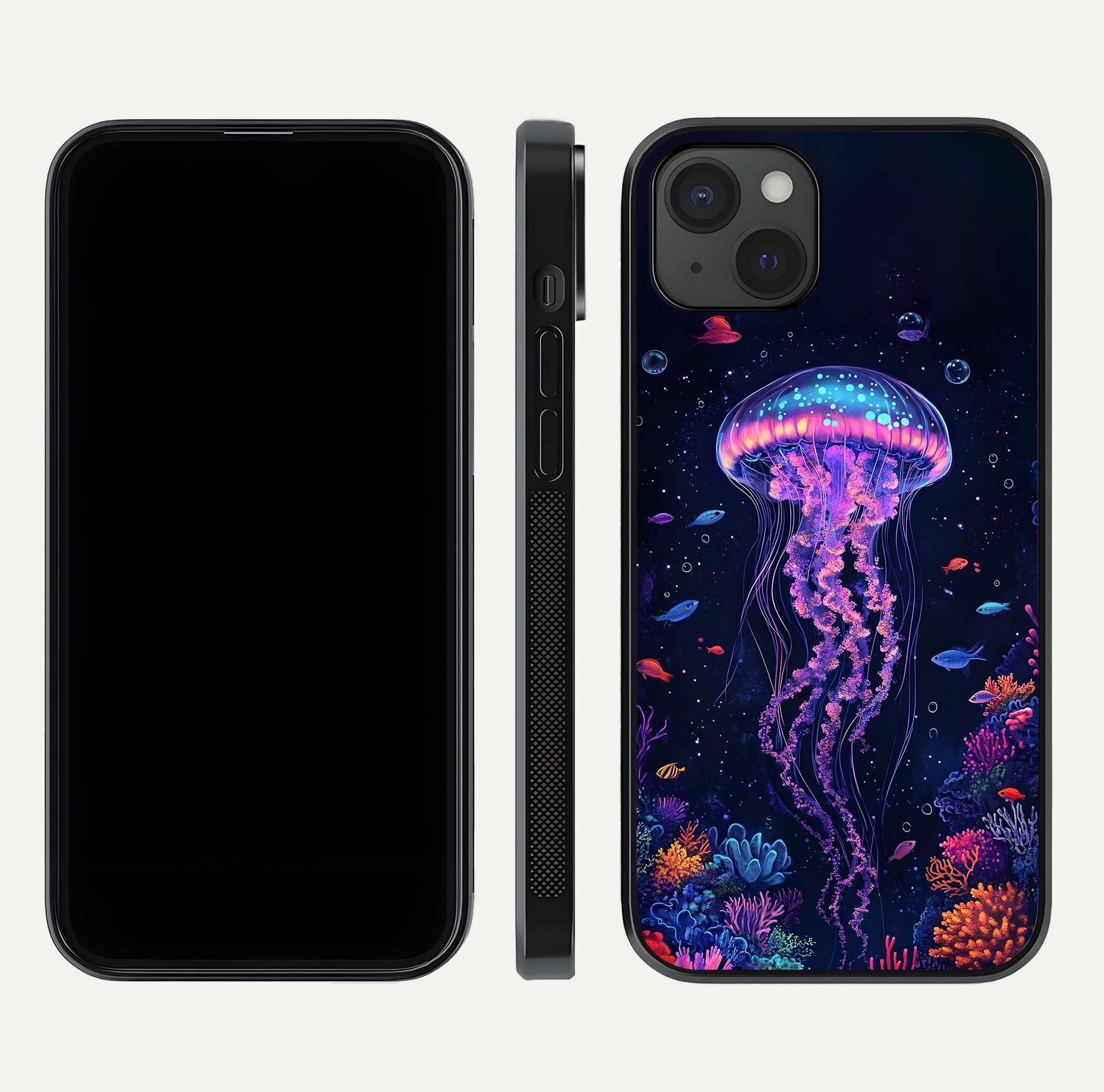 Neon Jellyfish Glass Case for iPhone 15 Plus front & back layout highlighting HD marine art and curved edges