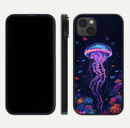 Neon Jellyfish Glass Case for iPhone 15 Plus front & back layout highlighting HD marine art and curved edges