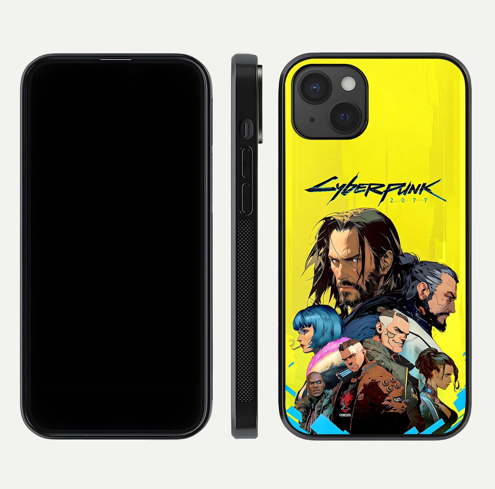 Neon Rebel Genesis Glass Case for iPhone 15 Plus front & back layout highlighting futuristic theme and curves