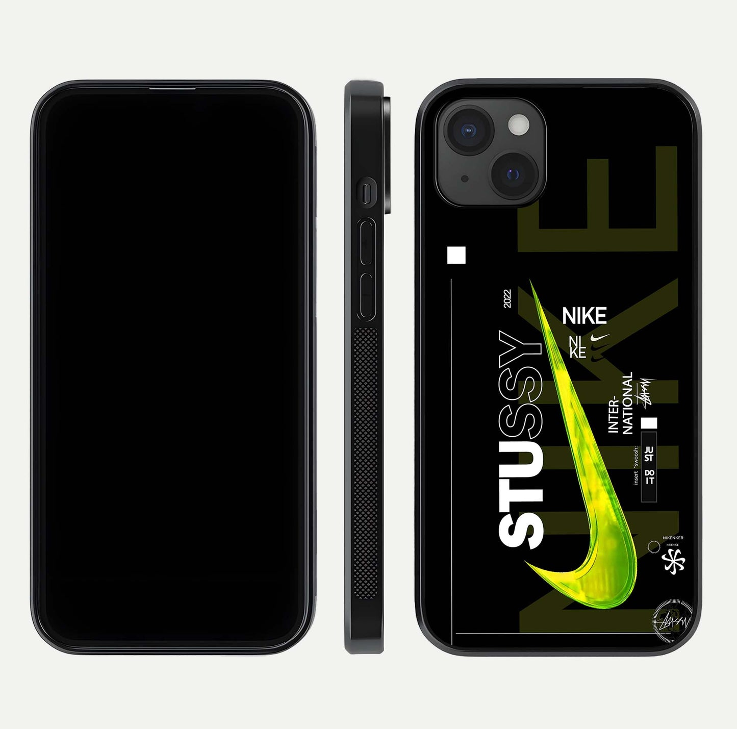 Neon Street Edition Glass Case for iPhone 15 Plus front & back layout highlighting street art vibe and edges
