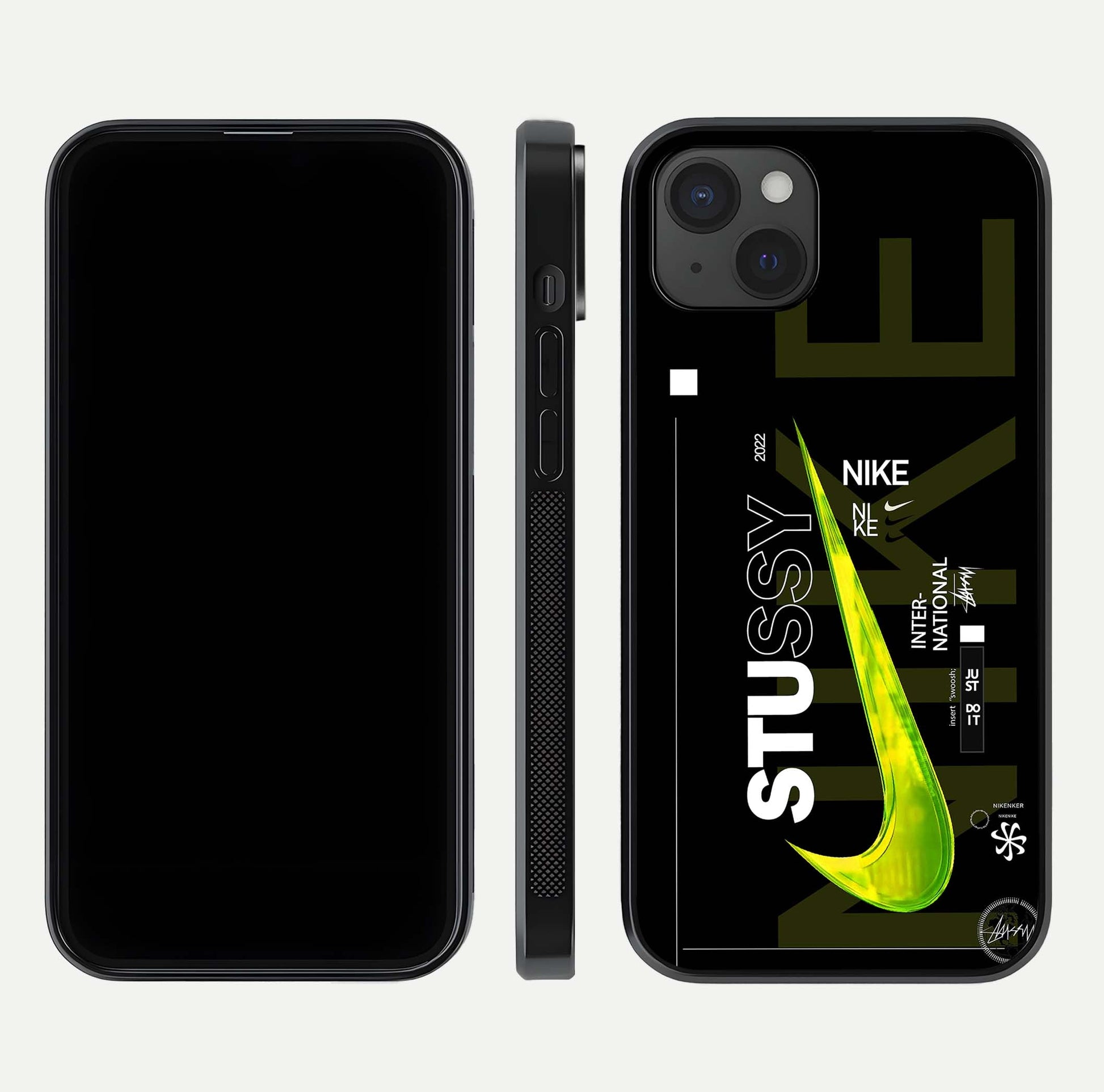 Neon Street Edition Glass Case for iPhone 15 Plus front & back layout highlighting street art vibe and edges