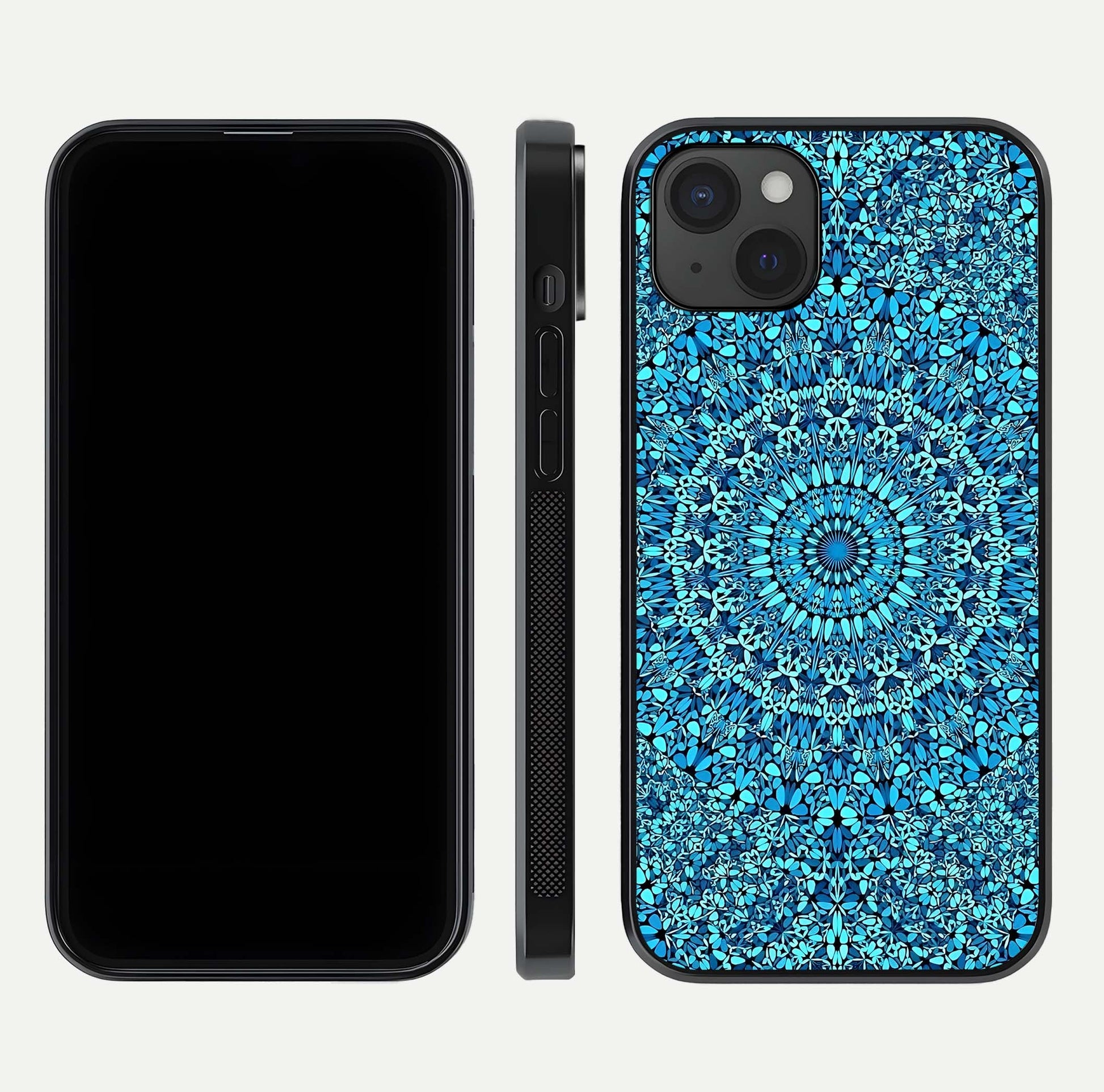 Ocean Bloom Mandala Glass Case for iPhone 15 Plus front & back layout showing ocean tone design and edges