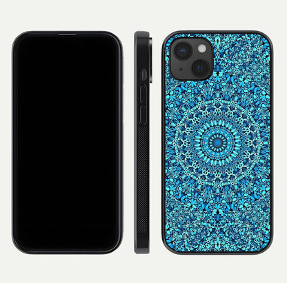 Ocean Bloom Mandala Glass Case for iPhone 15 Plus front & back layout showing ocean tone design and edges