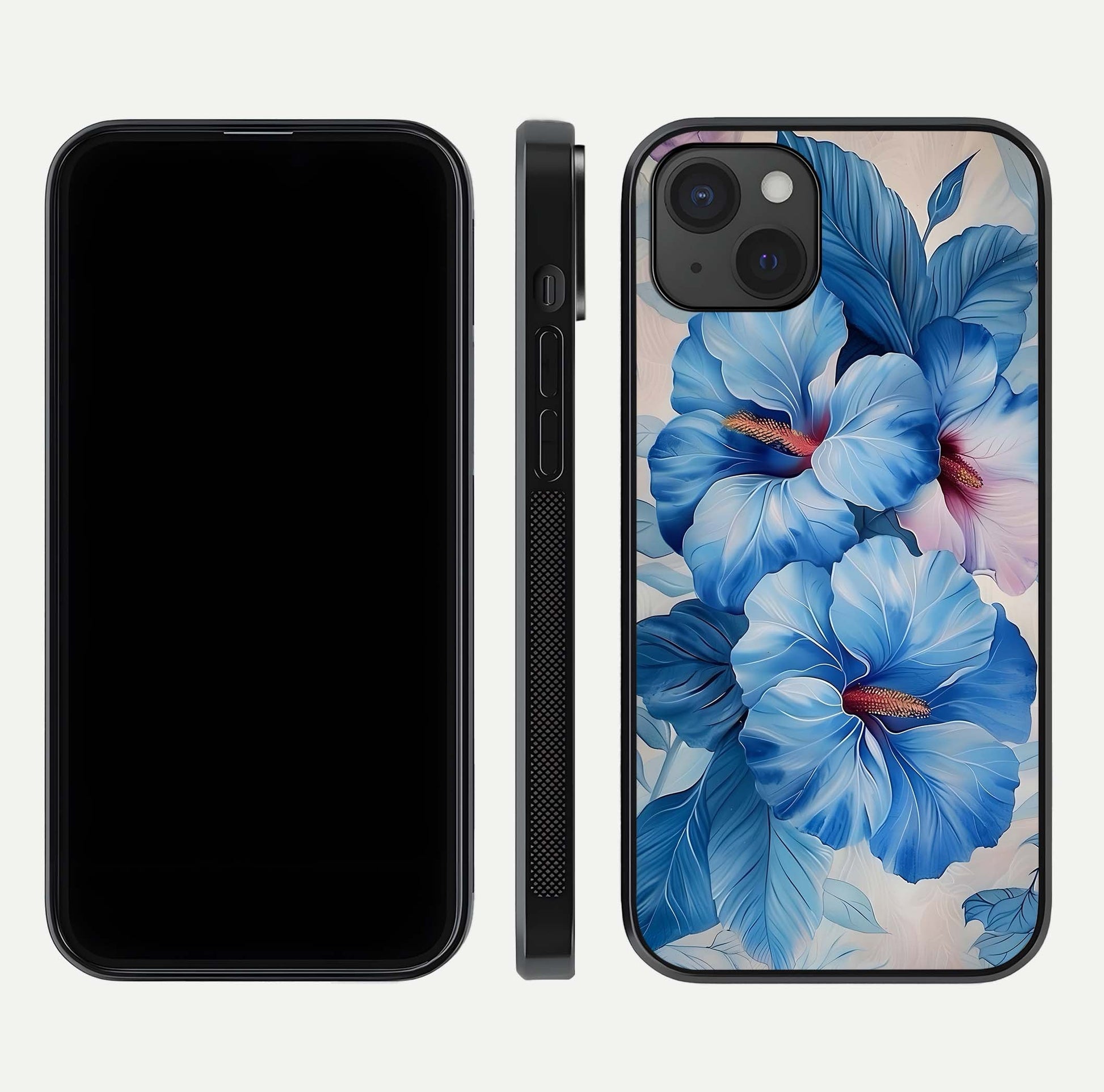 Ocean Hibiscus Grace Glass Case for iPhone 15 Plus front & back layout showing vibrant oceanic tones and curves