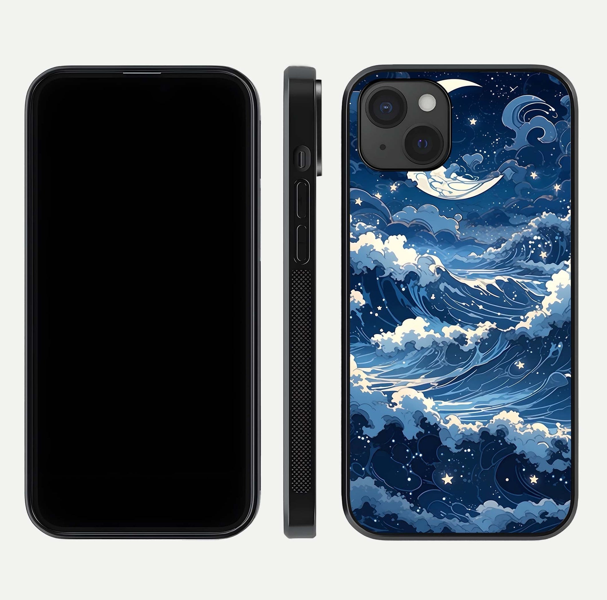 Ocean Moon Waves Glass Case for iPhone 15 Plus front & back layout highlighting water flow and smooth edges