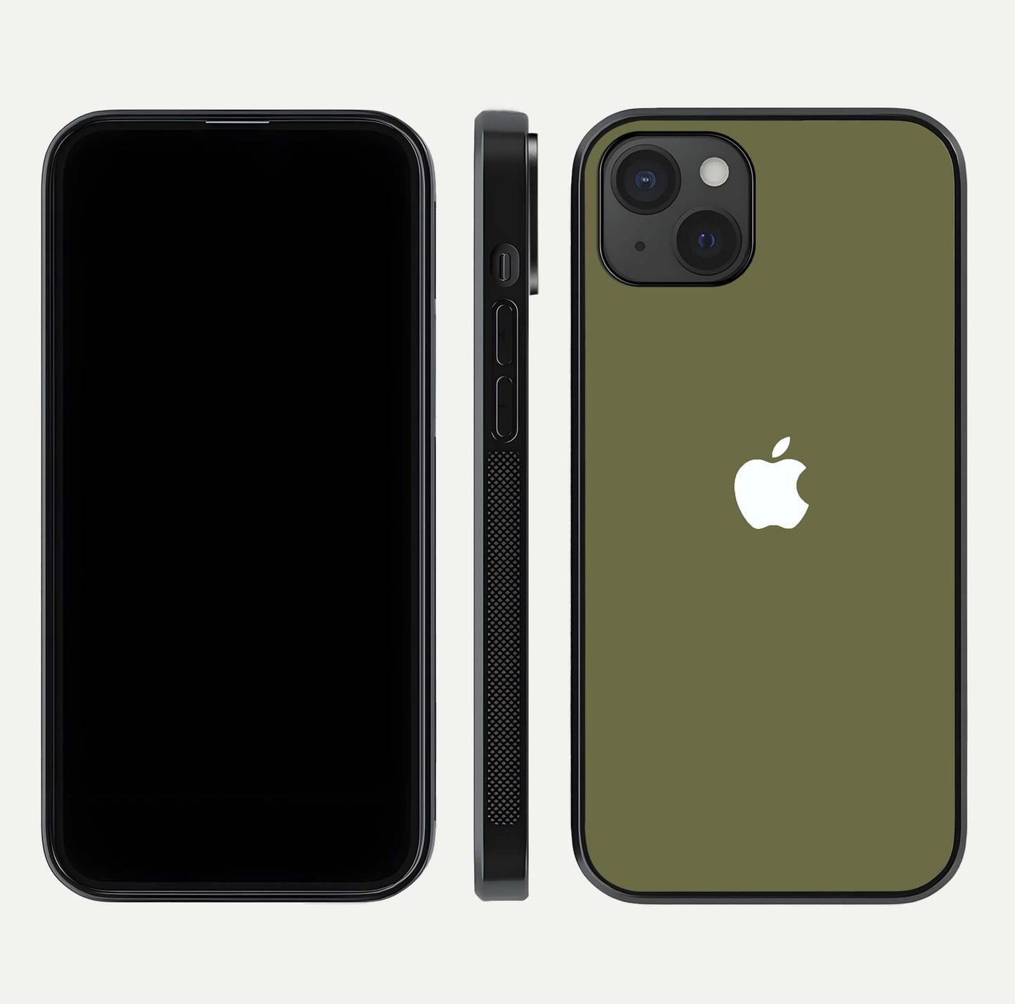 Olive Matte Essence Glass Case for iPhone 15 Plus front & back layout highlighting simple design and clean edges