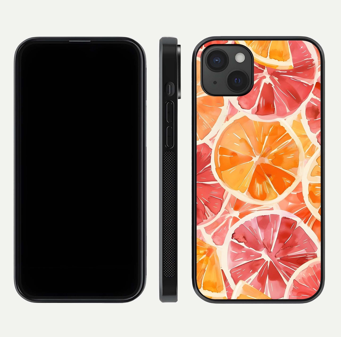 Orange Fruits Pattern Glass Case for iPhone 15 Plus front & back layout highlighting bright colors and clean edges