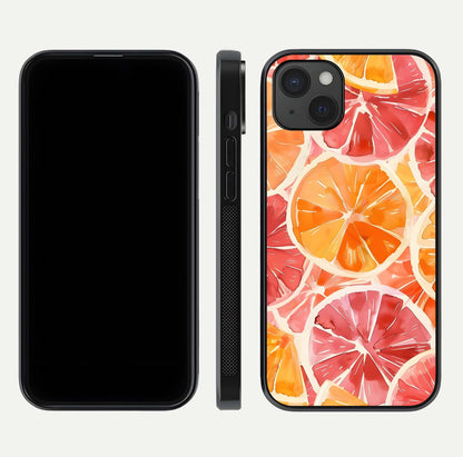 Orange Fruits Pattern Glass Case for iPhone 15 Plus front & back layout highlighting bright colors and clean edges