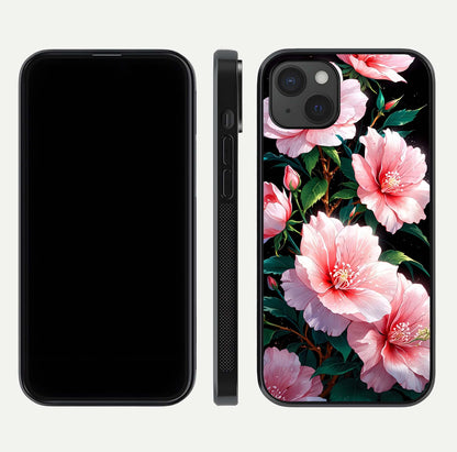 Peach Flower Glass Case for iPhone 15 Plus front & back layout showing elegant floral tones and smooth edges